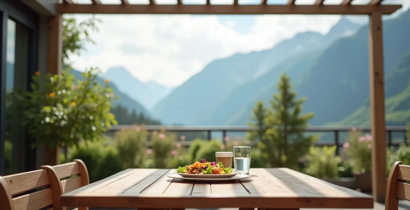 Ruhige Mittagspause-Szene mit Essen und entspannter Atmosphäre auf einer Schweizer Bürotterrasse