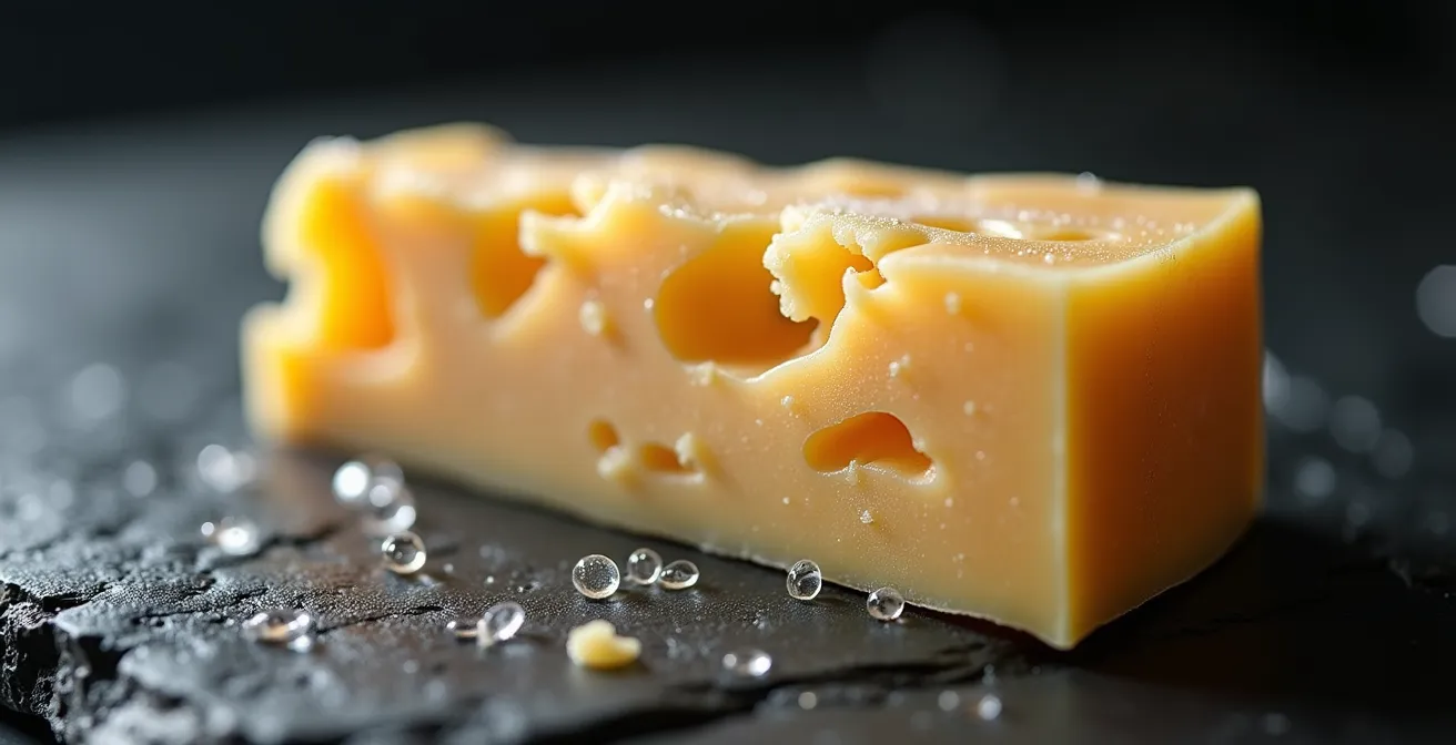 Makroaufnahme von Sbrinz-Käse mit kristallinen Strukturen