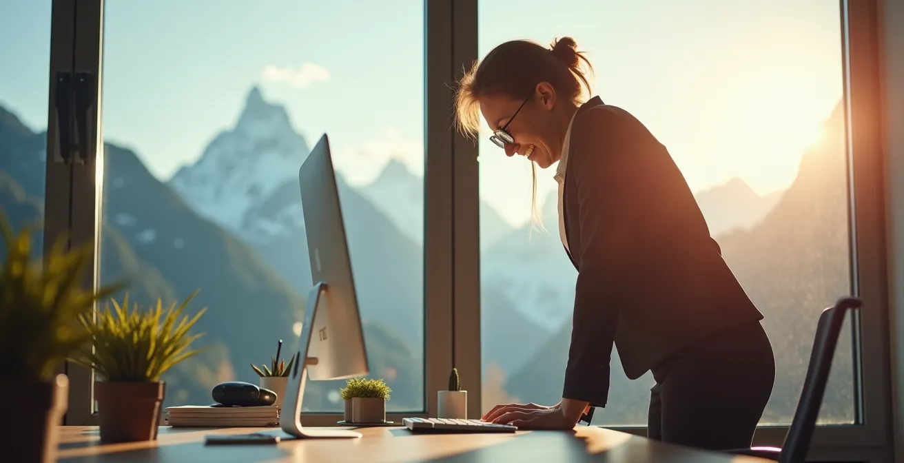 Person nutzt Stehpult in modernem Schweizer Büro mit Bergblick