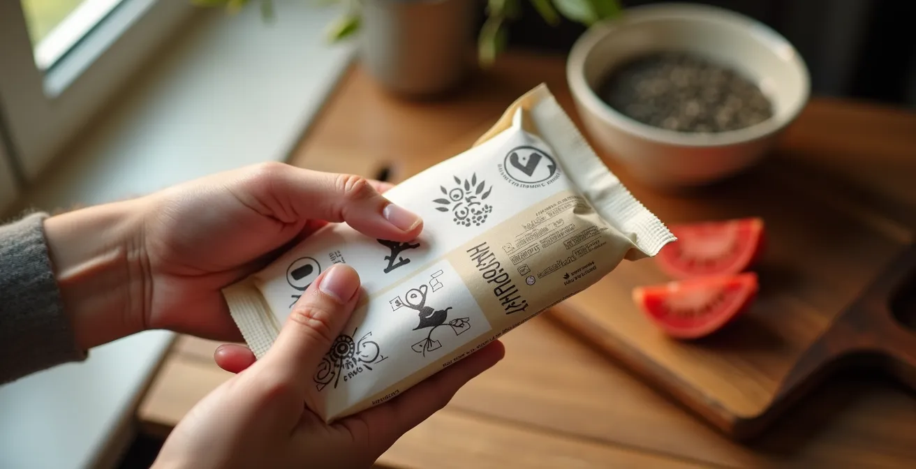 Nahaufnahme eines Produktetiketts in einem Schweizer Supermarkt, das den Allergenhinweis für Lupinen deutlich hervorhebt