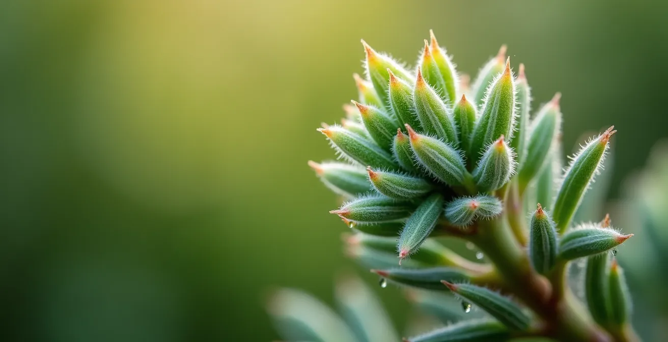 Makroaufnahme von Alpenkräutern mit sichtbaren Aromastoffen, den sogenannten Terpenen.