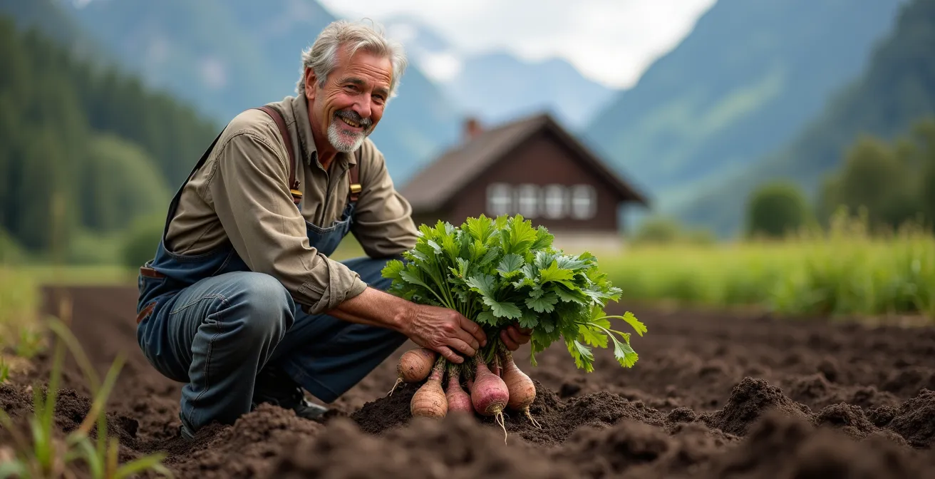 Schweizer Bio-Bauern bei der Feldarbeit mit traditionellen und modernen Methoden