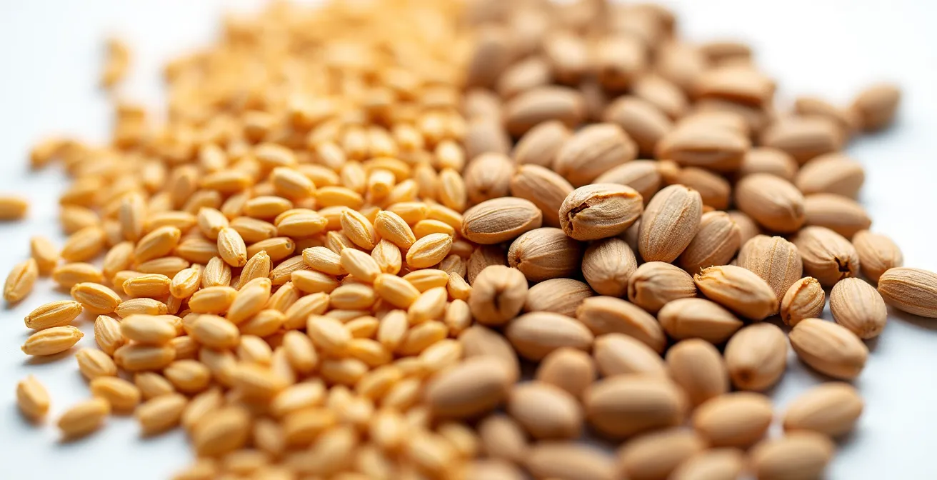 Makroaufnahme von Bio-Produkten mit abstrakten Zertifizierungssymbolen