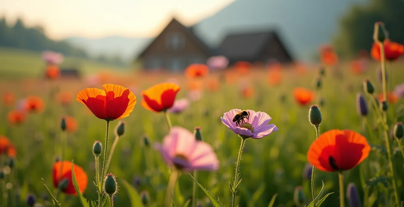 Vogelperspektive eines Bio Suisse Hofs mit bunten Biodiversitätsflächen