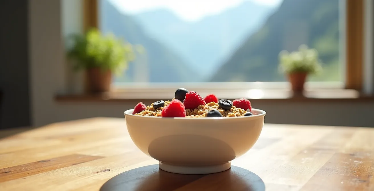 Frisches Birchermüesli mit Beeren und goldenen Öltropfen