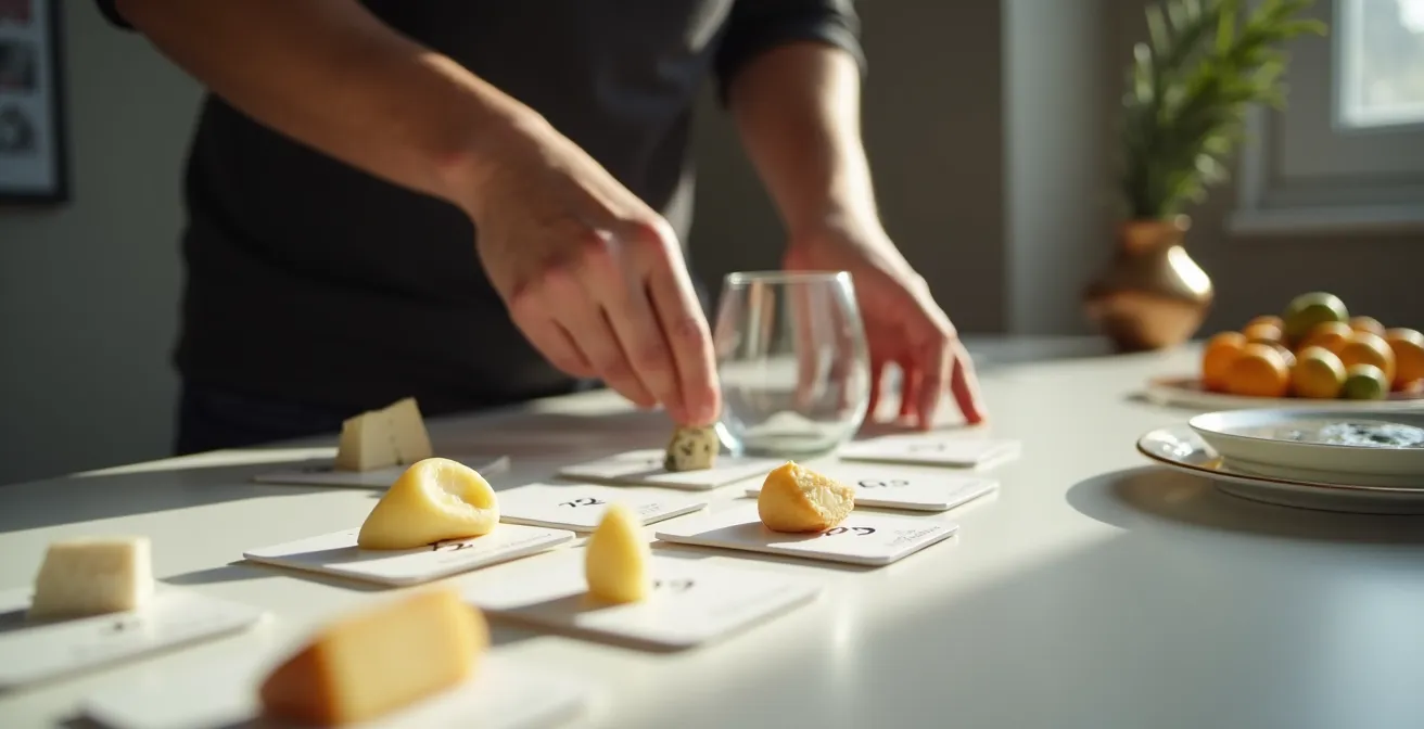 Ein Setup für eine Blindverkostung mit nummerierten Weingläsern und anonymen Käseproben auf einem Tisch.