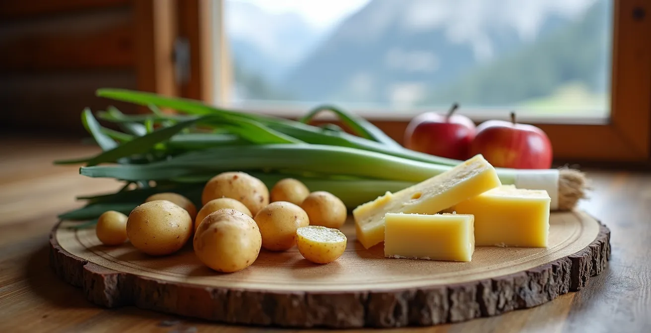 Dekonstruierte Cholera-Zutaten auf rustikalem Walliser Holzbrett