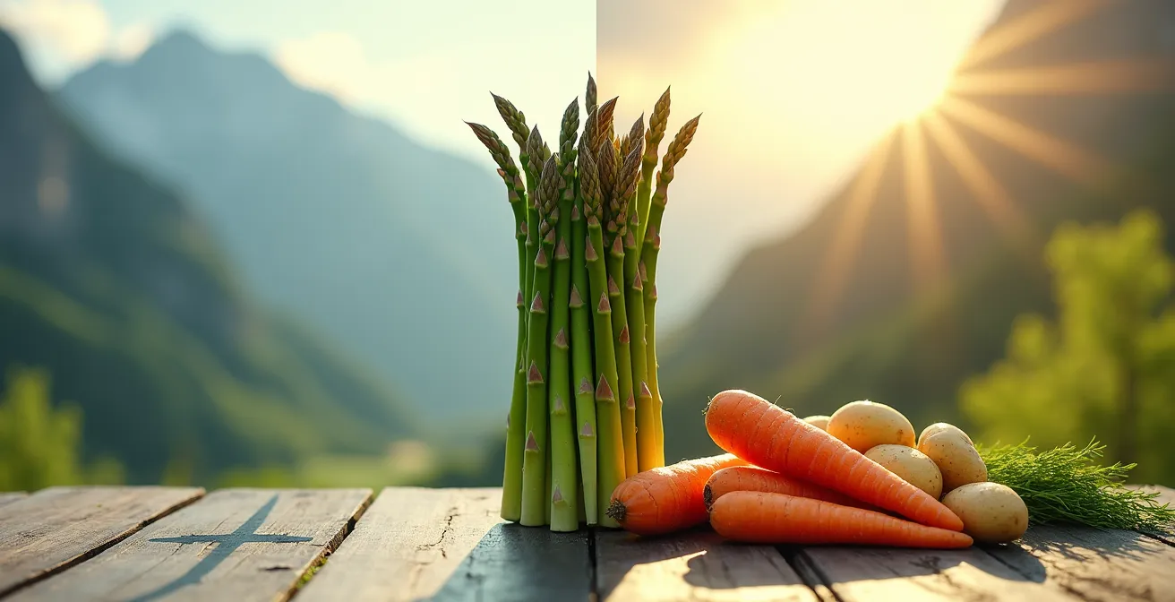 Visueller Vergleich CO2-Fussabdruck zwischen Flugware und lokalem Saisongemüse