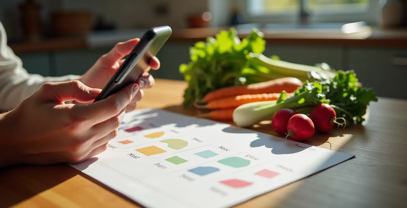 Hände halten Smartphone mit Einkaufsliste und gedruckten Saisonkalender auf einem Küchentisch mit Gemüse.