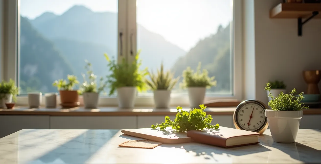 Moderne Küche mit Tablet und handgeschriebenen Notizen nebeneinander