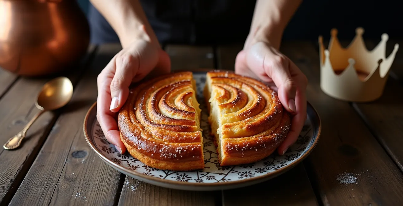 Schweizer Familie teilt Dreikönigskuchen mit goldener Krone
