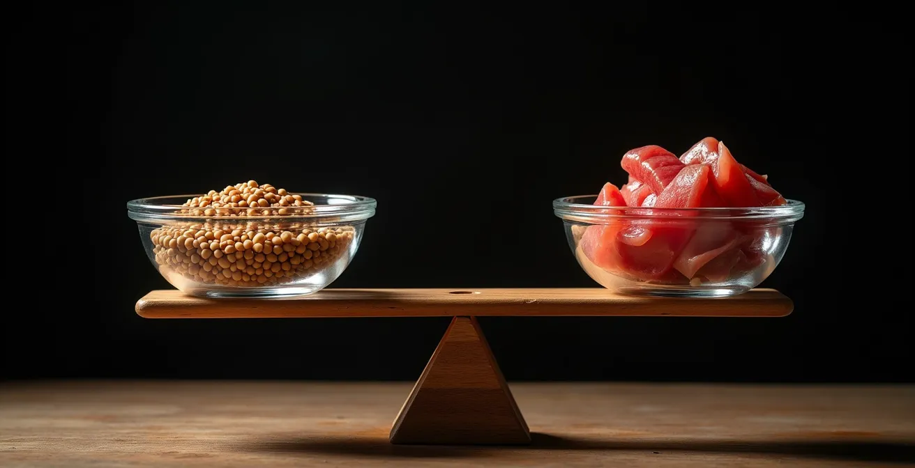 Visueller Vergleich zwischen eisenreichen Berglinsen und Schweizer Fleischprodukten auf einer Waage