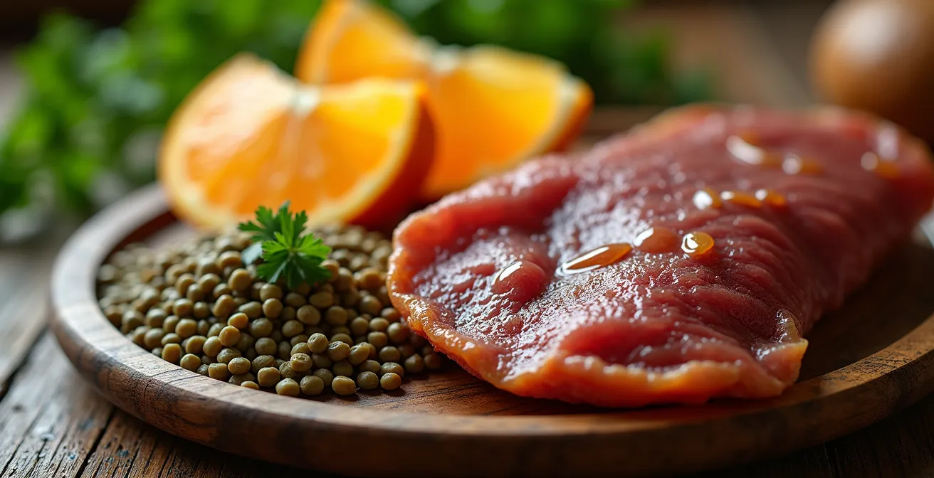 Schweizer Teller mit Bündnerfleisch, Orangenschnitzen und Linsensalat für optimale Eisenaufnahme