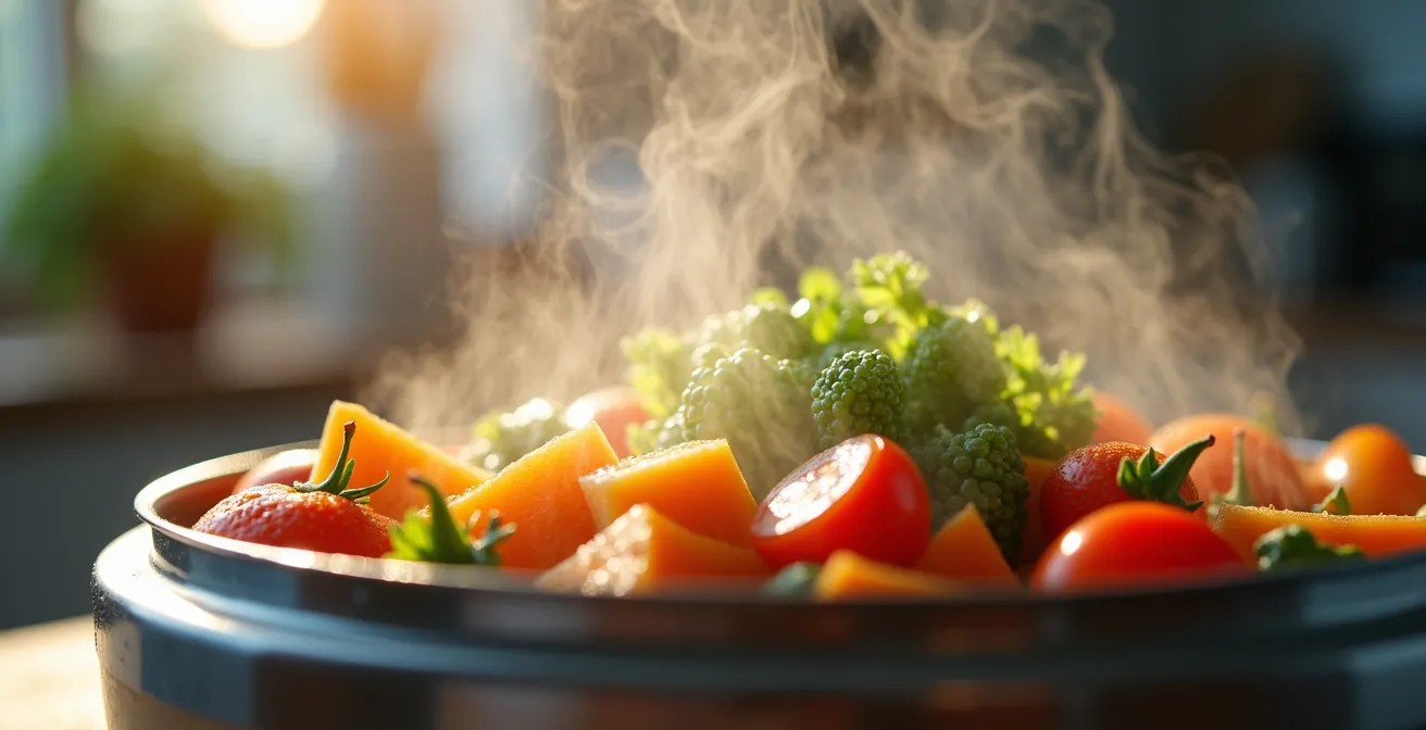 Nahaufnahme eines Dampfgarers mit frischem Gemüse in einer modernen Schweizer Küche