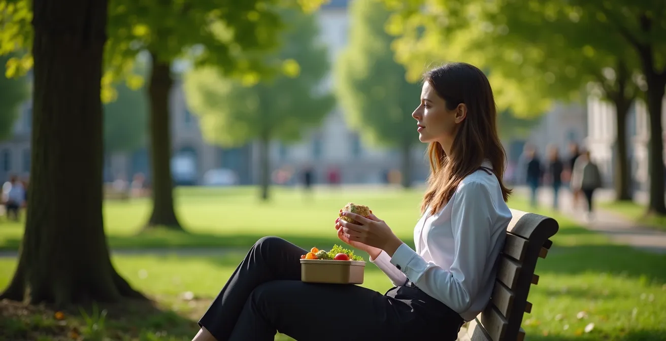 Person geniesst ruhige Mittagspause auf Parkbank ohne digitale Geräte