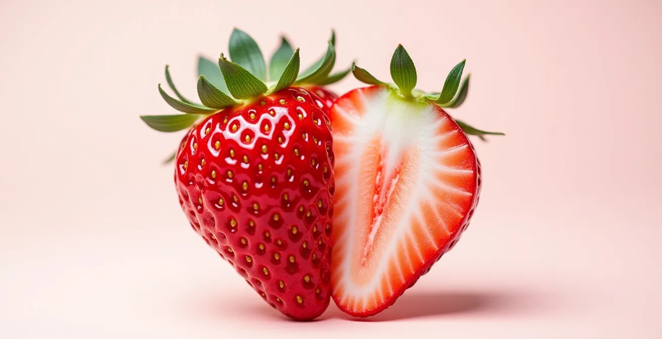 Querschnitt zweier Erdbeeren nebeneinander zeigt Farbunterschiede