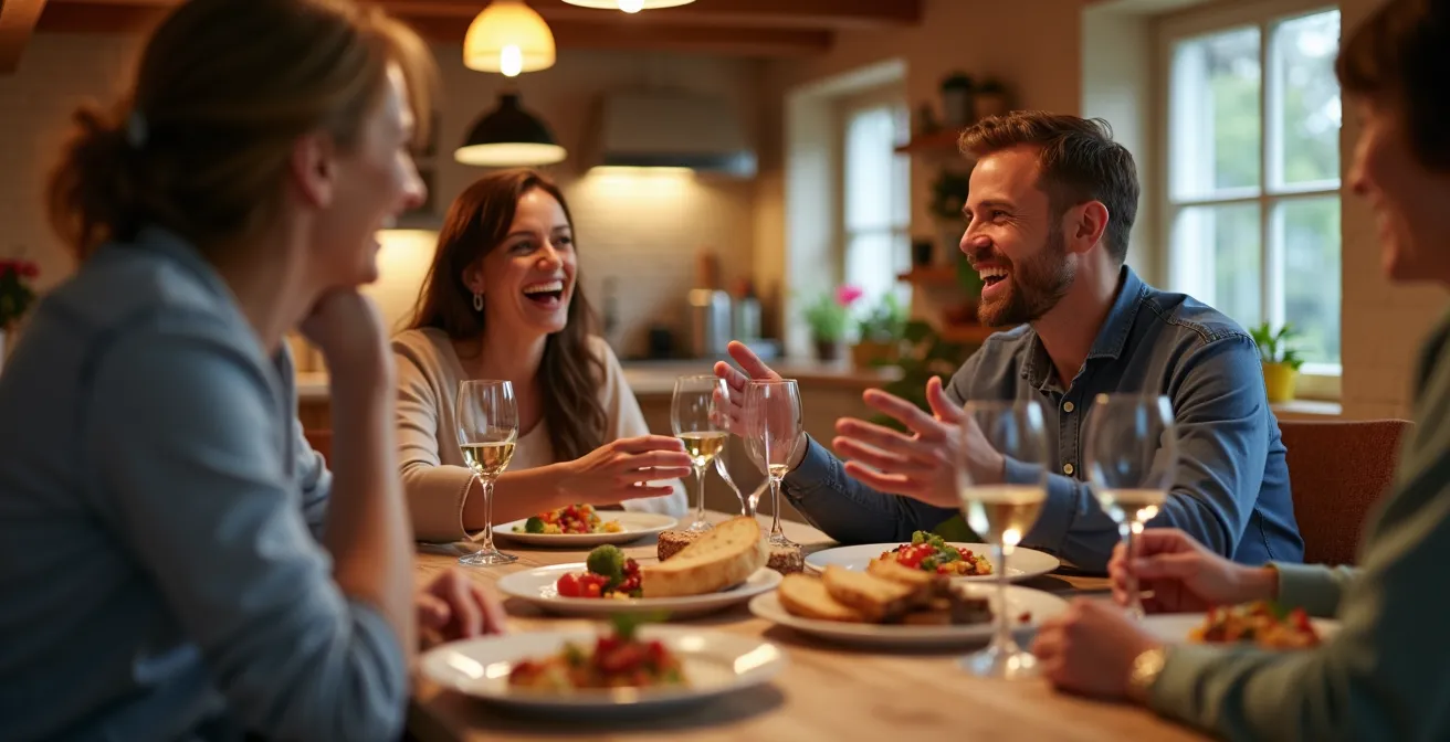 Lachende Menschen bei einem einfachen, gemütlichen Abendessen