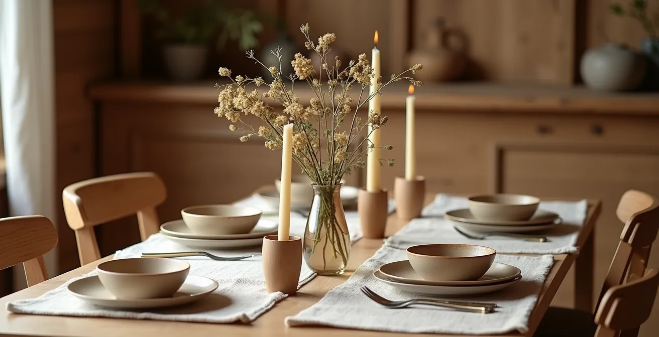Liebevoll gedeckter Holztisch mit natürlichen Materialien im Schweizer Stil