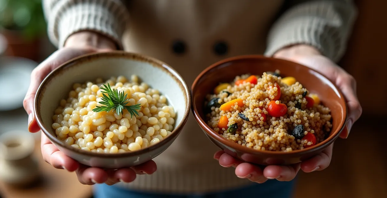 Schüssel mit Gerstenrisotto neben einer Schale mit gekochtem Quinoa, die von Händen gehalten werden