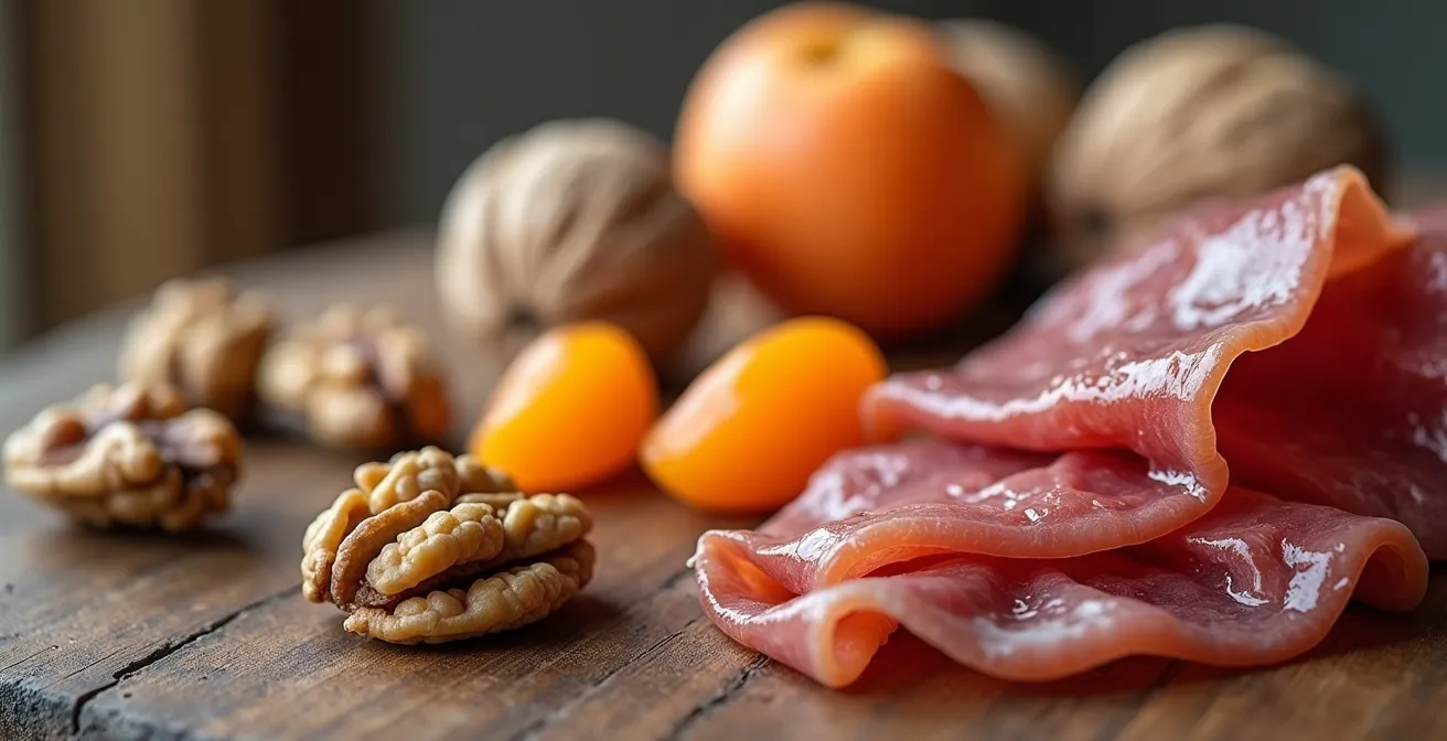 Makroaufnahme von Schweizer Baumnüssen und getrockneten Aprikosen als gesunder Snack am Nachmittag