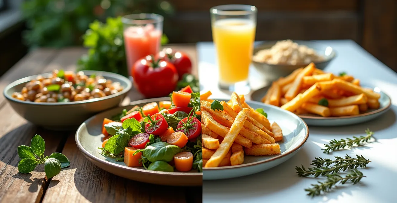 Vergleich zwischen vollwertigem veganem Teller und veganem Junkfood