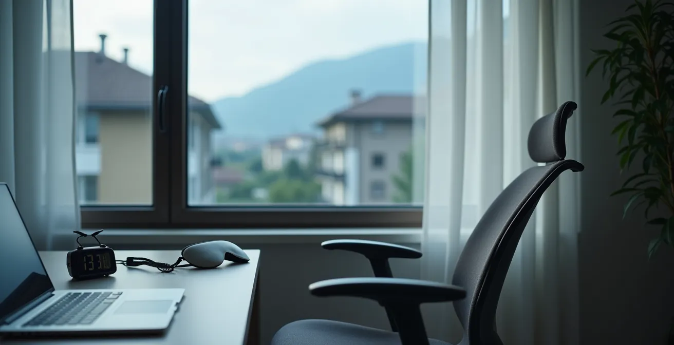 Minimalistische Homeoffice-Szene mit zurückgelehntem Bürostuhl und gedimmtem Tageslicht