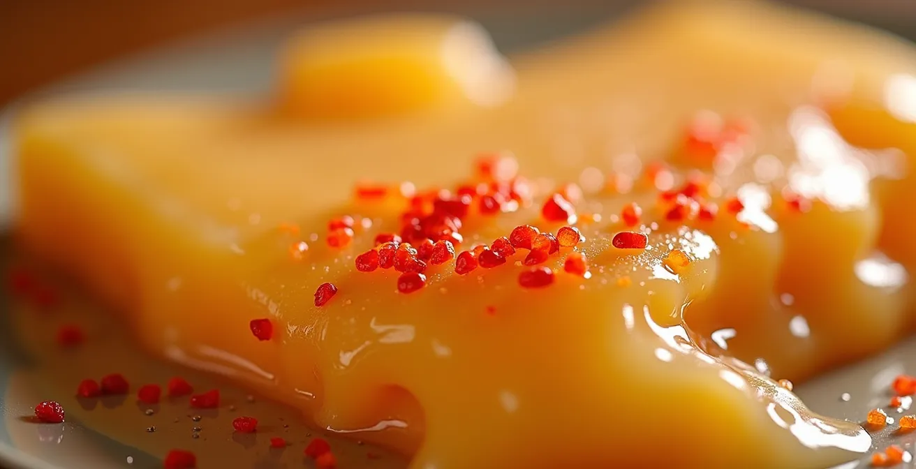 Makroaufnahme von geschmolzenem Schweizer Käse mit Chiliflocken