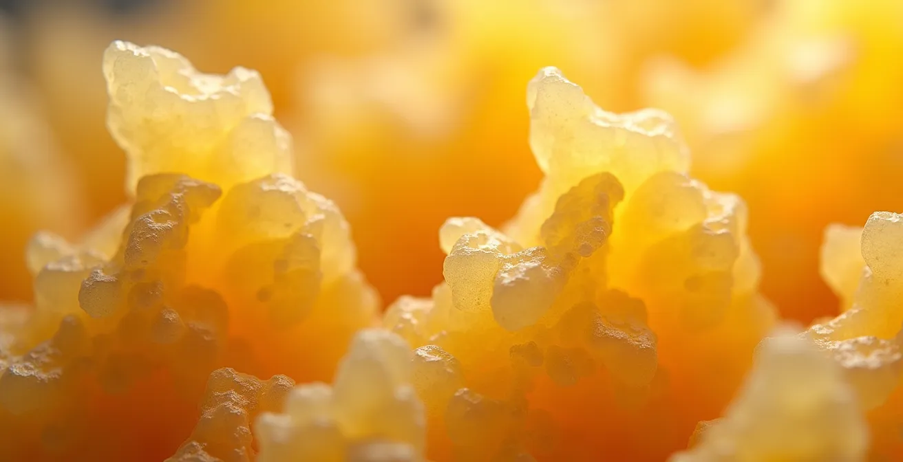 Makroaufnahme, die die kristalline Struktur eines gereiften Sbrinz-Käses im Kontrast zur cremigen Textur einer Tomme Vaudoise zeigt.