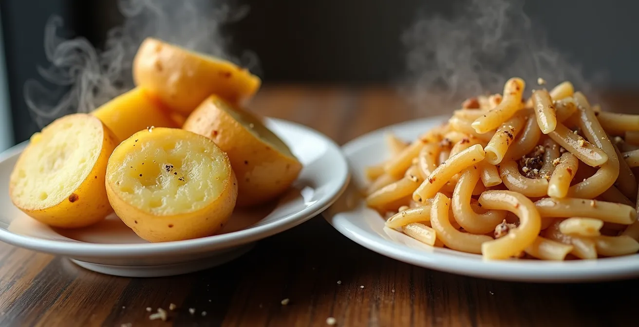Vergleich zwischen Schweizer Kartoffeln und Pasta auf rustikalem Holztisch
