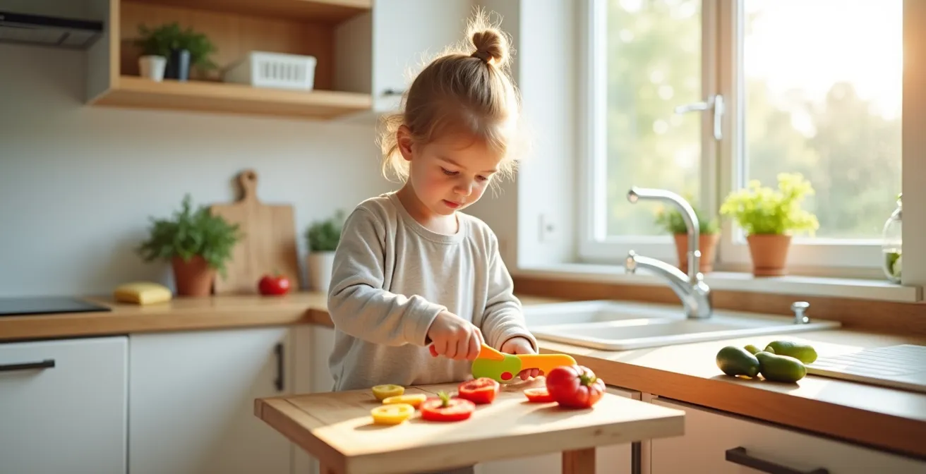 Kind schneidet Gemüse mit buntem Kindermesser