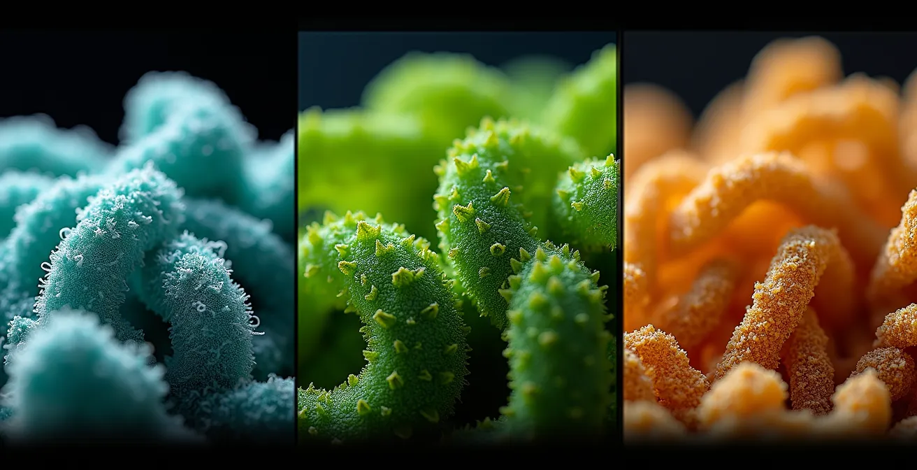 Mikroskopische Ansicht verschiedener alternativer Proteinquellen wie Quorn, Spirulina und Insektenprotein.