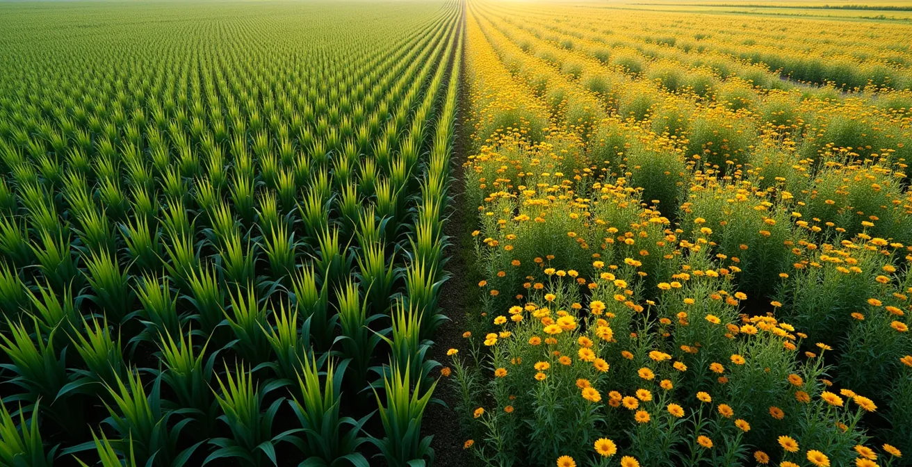Luftaufnahme zeigt scharfen Kontrast zwischen eintönigem Maisfeld und bunter Blumenwiese