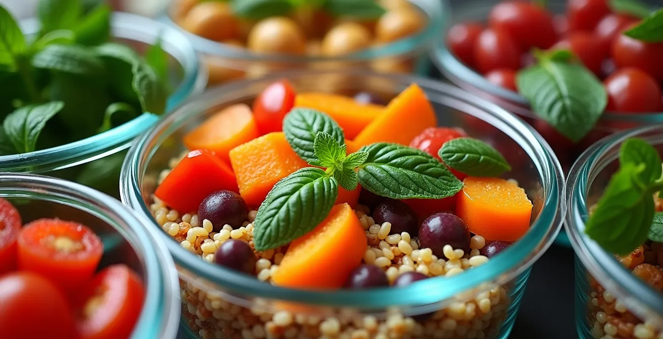 Vorbereitete Mahlzeiten in Glasbehältern für die Arbeitswoche