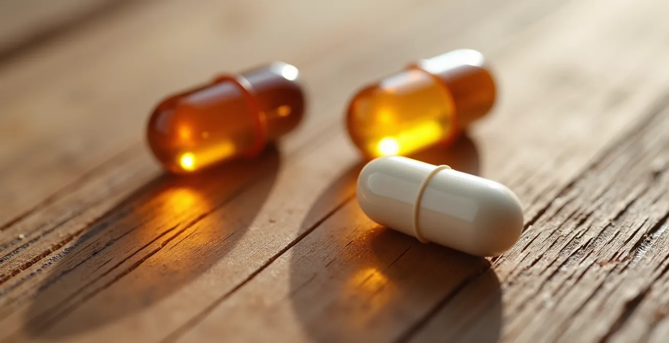 Nahaufnahme von zwei verschiedenen B12-Supplementkapseln auf Schweizer Holzuntergrund
