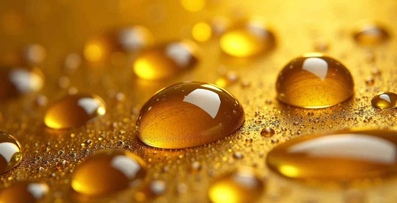 Makroaufnahme von Sonnenblumenöl-Tropfen im Kontrast zu goldenen Rapsöl-Perlen