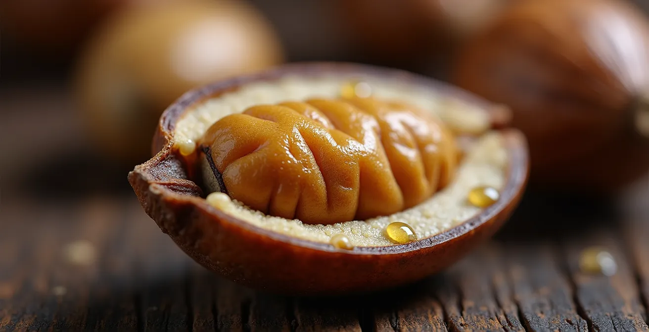 Extreme Makroaufnahme einer aufgebrochenen Paranuss mit sichtbarer Textur und Ölglanz