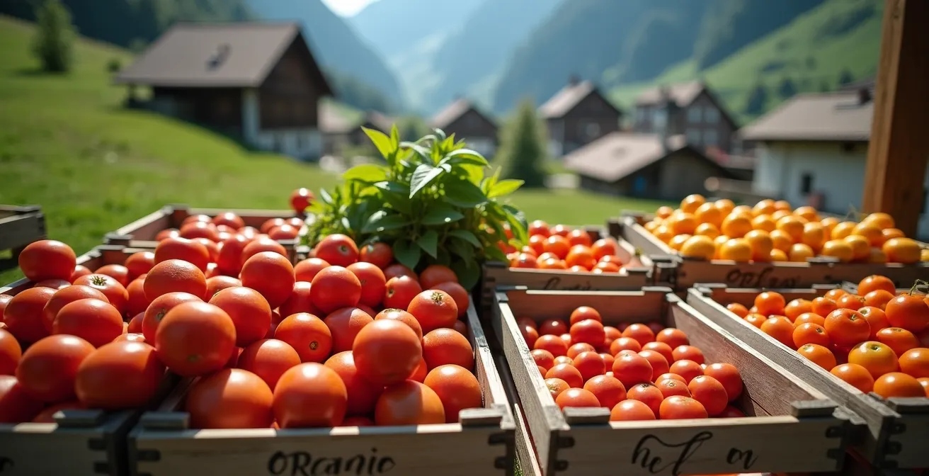 Visuelle Gegenüberstellung von regionalen konventionellen und importierten Bio-Produkten