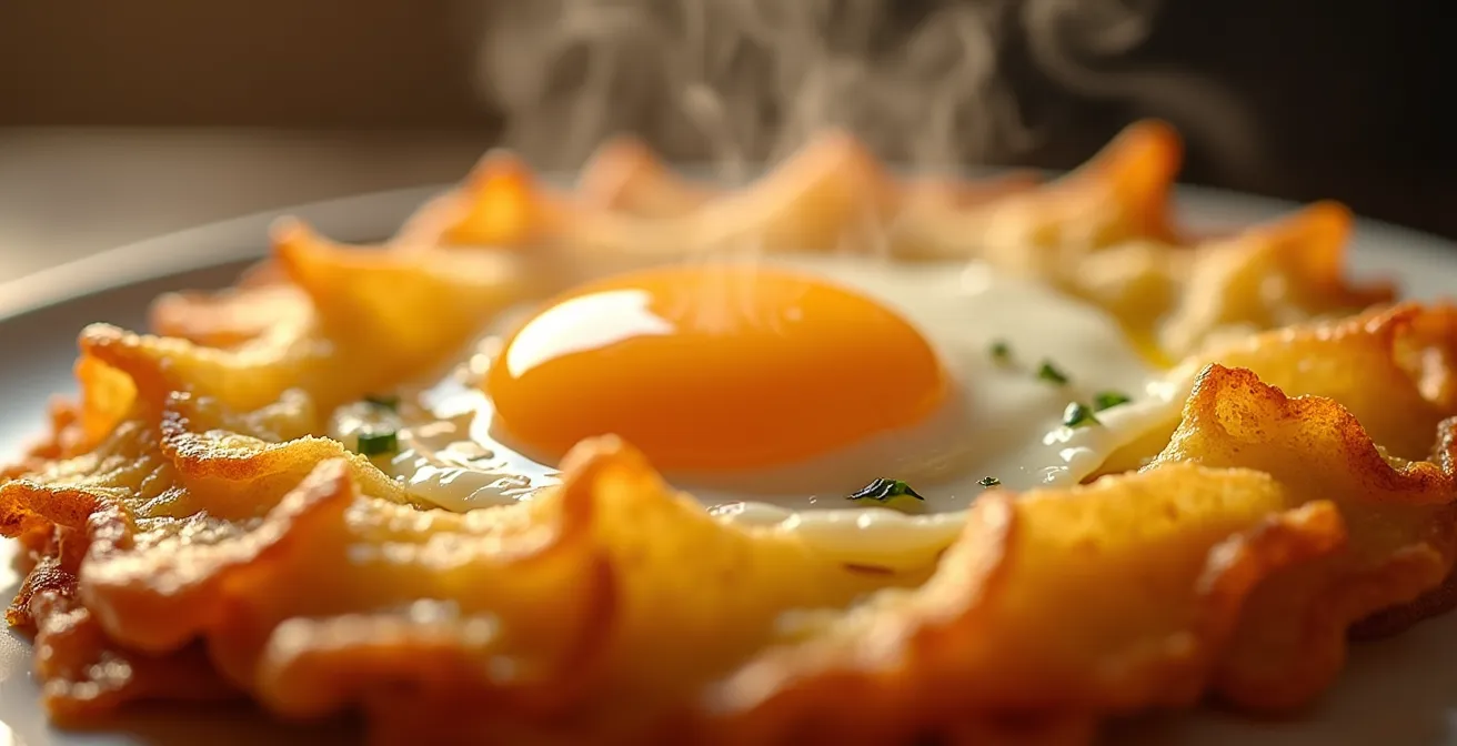 Nahaufnahme von goldbrauner Rösti mit einem perfekt gebratenen Spiegelei, bei dem das Eigelb leicht verläuft.