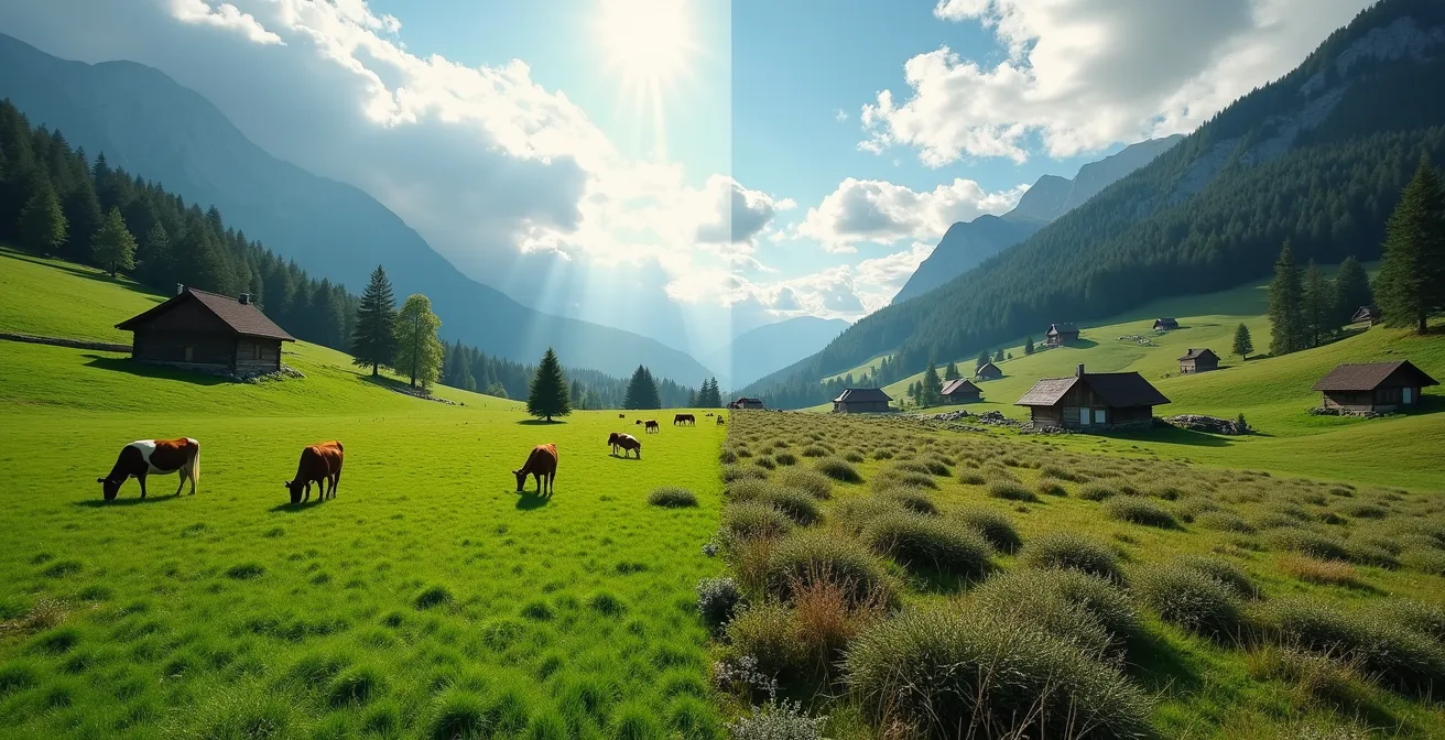 Gepflegte Alpweide mit grasenden Kühen in den Schweizer Bergen