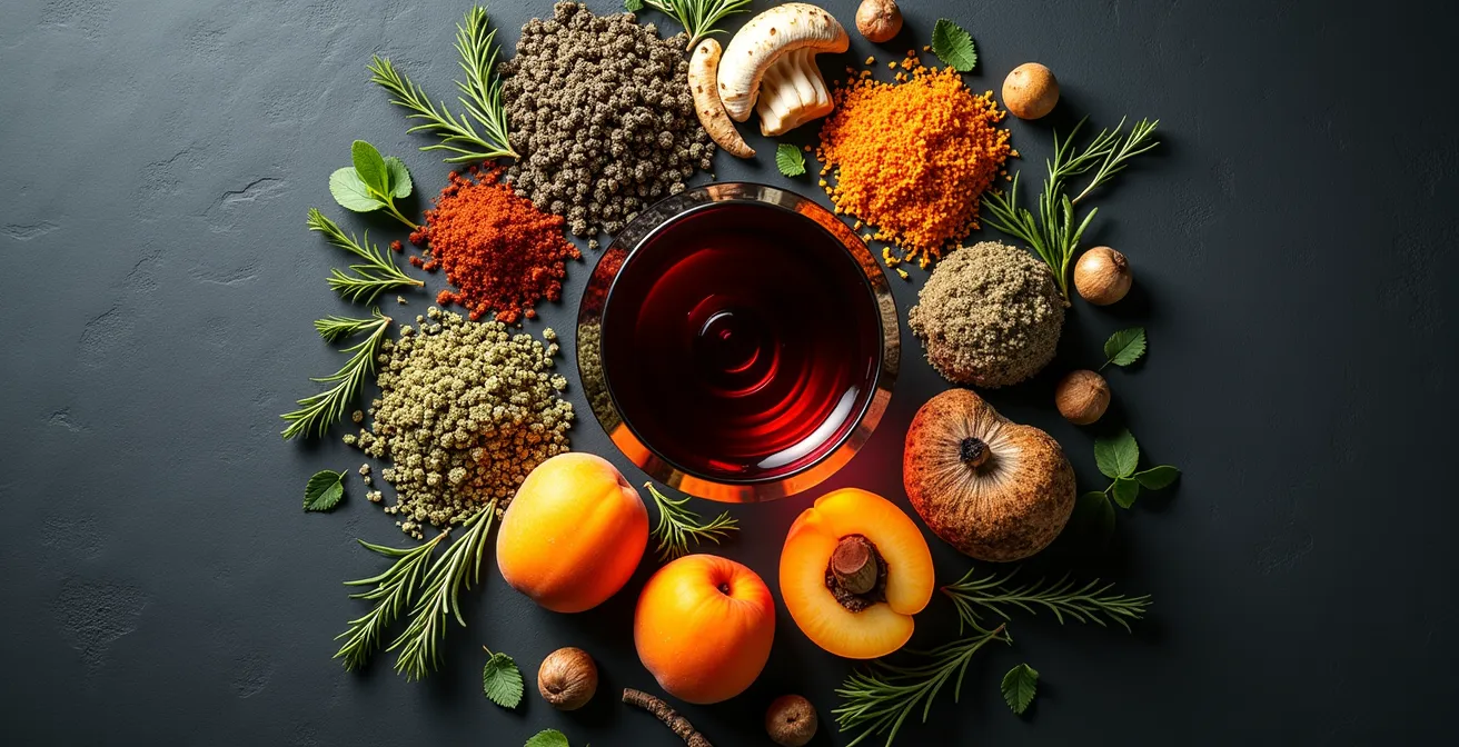 Visuelle Darstellung eines Schweizer Aromarads für Weinbeschreibungen, das regionale Produkte wie Alpenkräuter und Walliser Aprikosen zeigt.