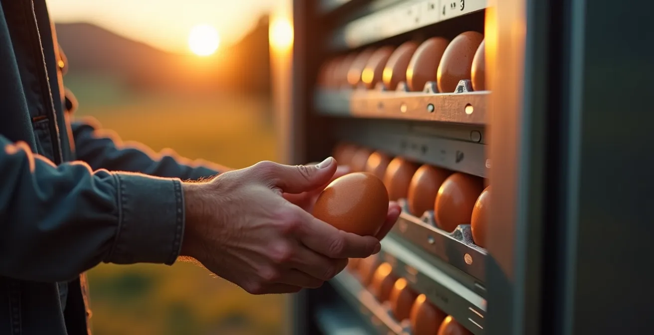 Moderner Hofautomat mit frischen Produkten in der Schweizer Landschaft