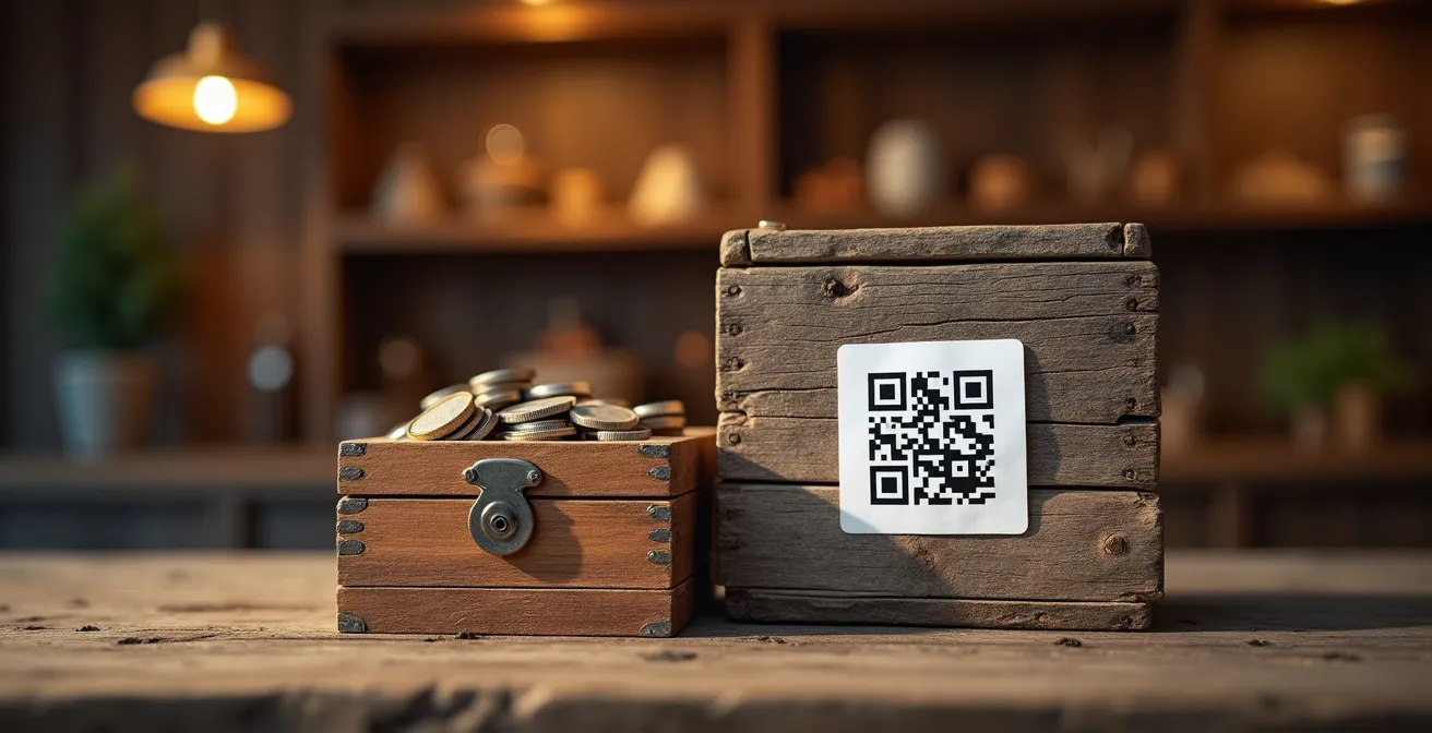 Traditionelle Vertrauenskasse neben modernem TWINT QR-Code in einem Schweizer Hofladen