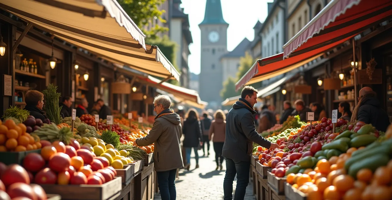 Saisonaler Schweizer Wochenmarkt mit vier Jahreszeiten-Ständen
