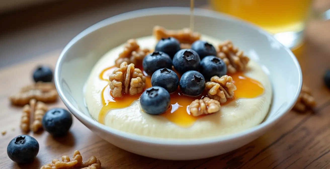Detailaufnahme eines ausgewogenen Frühstücks mit Magerquark, Nüssen und Beeren auf Holztisch