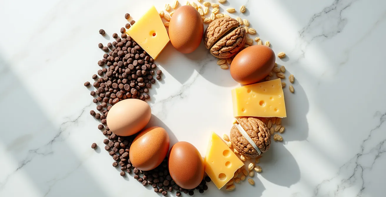 Vielfältige Schweizer Proteinquellen wie Urdinkel, Linsen, Nüsse und Käse in einer harmonischen Komposition arrangiert.