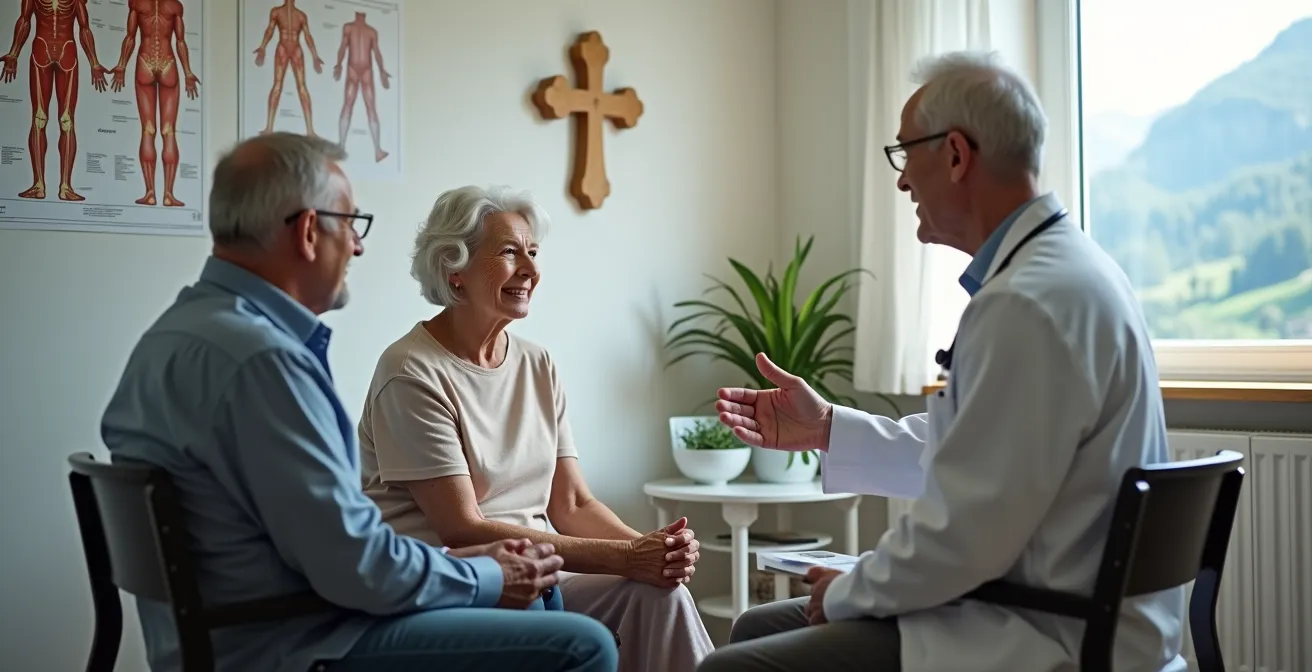 Älteres Paar in Schweizer Arztpraxis bei Gesundheitsberatung