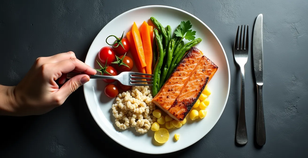 Ausgewogener Teller nach Schweizer Methode mit lokalem Gemüse und Proteinen