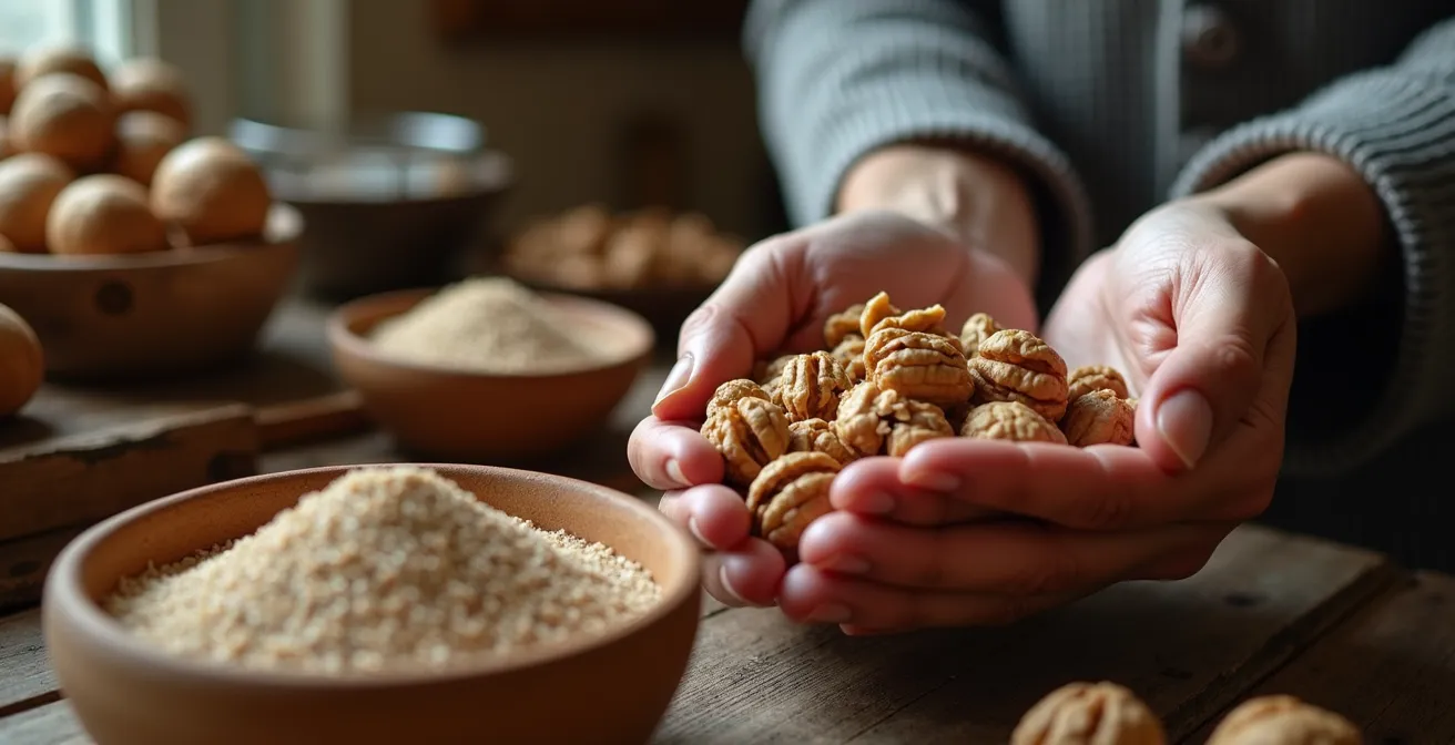 Holzschale mit frischen Schweizer Baumnüssen und geschroteten Leinsamen auf rustikalem Tisch