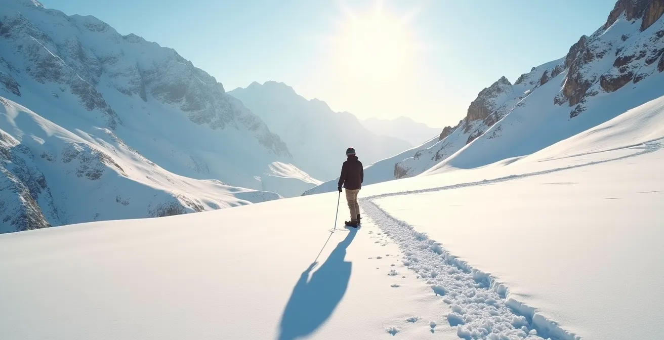 Person im Schweizer Winterlicht zeigt längeren Schatten als Körpergrösse