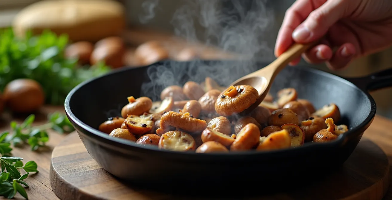 Geröstete Steinpilze und Kräuterseitlinge in gusseiserner Pfanne mit aufsteigendem Dampf